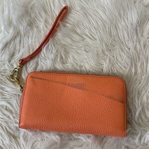 Fossil Orange Pebbled Leather Zip Wristlet Wallet Clutch Phone Wallet